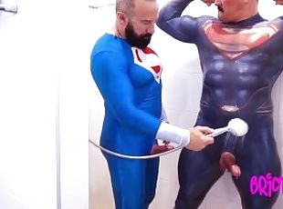 Superheroes showering off cum after sex session