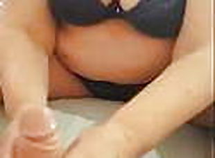 Massage of dick from the mature milf with oil.