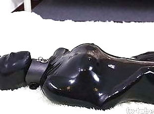 Cute Asian girl, Latex vacuum bag and mask, breathplay