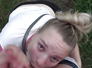 Naughty girl shows her huge ass during a walk and then blows cock