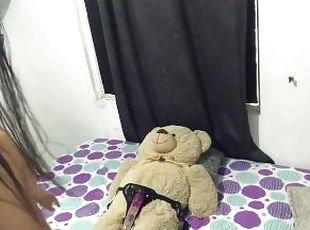 lesbian rides teddy bear with strap-on