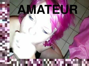 Pink hair unkempt facefuck deepthroat cum on her face