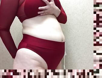 Belly Inflation In Dark Red Bikini