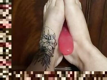 Foot fetish lubed up pink dildo