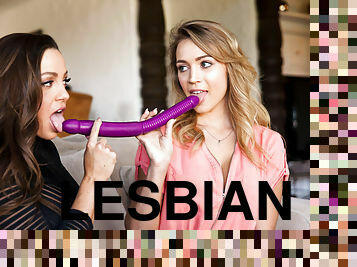 Kinky lesbian MILF offers enormous big dildo to shy teen girl