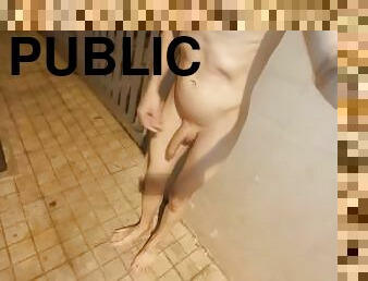 Playing with piss and masturbating naked in public