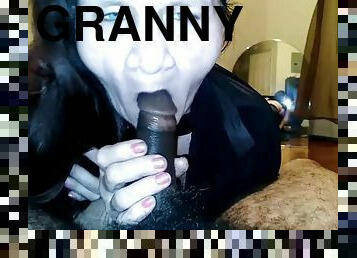 Shameless granny whore sucks black wiener