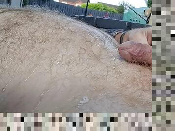 Covering my hairy body with hot yellow piss outdoors
