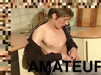 Eastern European teen guy masturbates on his own