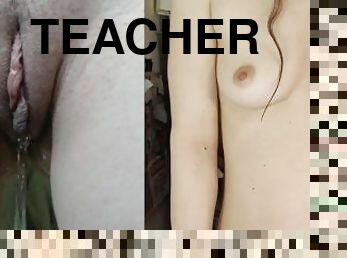 Teacher's pissing in her office after lots of creamy cum