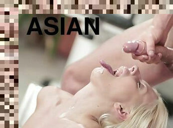 asiatisk, sport, anal, avsugning, gigantisk-kuk, avrunkning, ansiktssprut, europeisk, blond, knullande