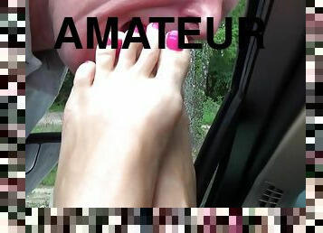 Foot Fetish and Footjob in my Fun Car - cum on feet