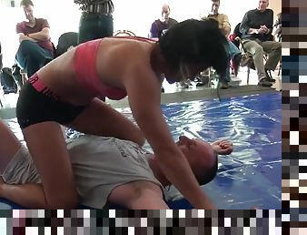 mixed wrestling competition - fit brunette kicking ass