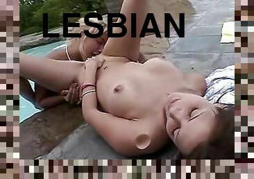 Little Summer sucking pussy Lesbian in a pool