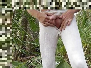 Handjob in long underwear and cum in the woods