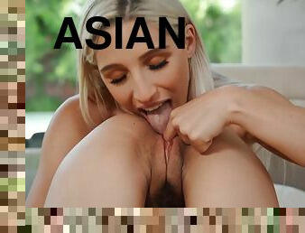 asiatique, orgasme, chatte-pussy, lesbienne, couple, blonde, résille, magnifique