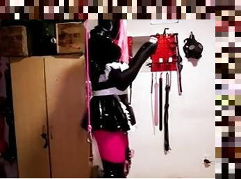 Handcuffed Sissy Maid in Leather Mitts - Self Bondage