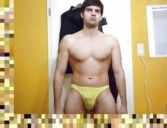 Fit skinny guy sows his  sexy yellow underwear