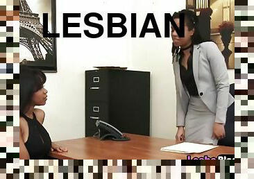 At interview dark chocolate beauties engage in lesbian sex