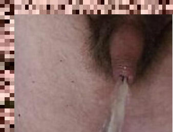 Pissing with cum on my belly , shrinked cock as 1 degree outside