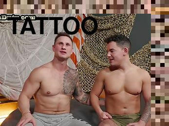 Muscular tattooed army bottom fucked bareback on duty until he cums