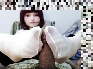 Beauty white stockings footjob