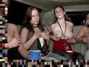 Party girls show us their tits in the limo