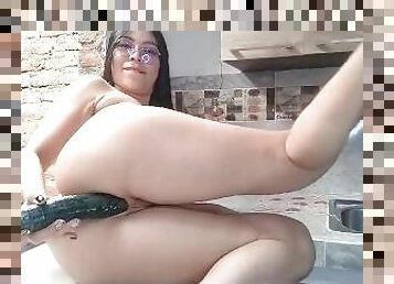 asiático, tetas-grandes, masturbación, orgasmo, squirting, amateur, juguete, cocina, cachonda, mona