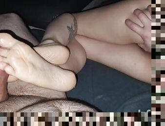 Closeup Footjob/toejob POV flashing ass and pussy