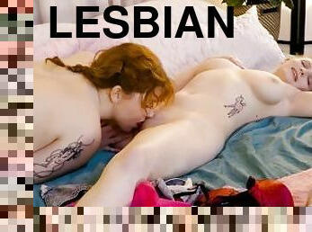 Horny lesbians with massive tits fuck on the bed