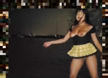 Watch Me Outdoors In Schoolgirl Skirt, Breast Out, With Toys