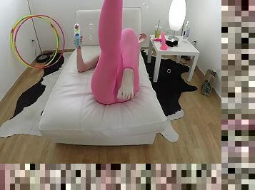 Crazy bitch with glasses rides a really big pink dildo