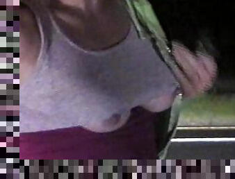 MILF Sheery's Undeniable Roadside Public UnderBoob while smoking - Crop Top just doesn't cover much!