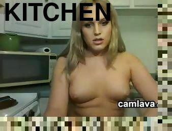 Blonde ts masturbating in the kitchen