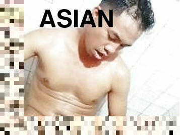 asiatisk, bading, svær, cumshot, cum, dusj, pikk