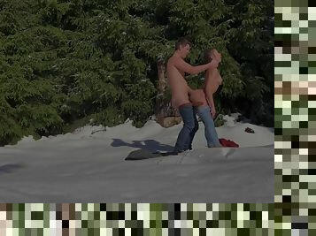 Konny and Blyde having sex in a snowy winter forest in public. I almost got caught!