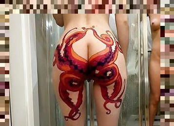 Spying on my stepsister in shower to see her octopus ass tattoo