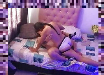 My husband's niece destroys my pussy with her strap-on in the bedroom