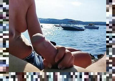 French Milf Handjob Amateur on Nude Beach public in Greece to stranger with Cumshot - MissCreamy