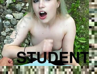 Blonde Student Gets Her Wet Holes Fucked Outdoors For The First Time Until The Hot Cumshot Gets On Her Small Boobs - MangaJane21