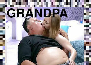 Perverted grandpa fucks a slut after the shower in her wet pussy
