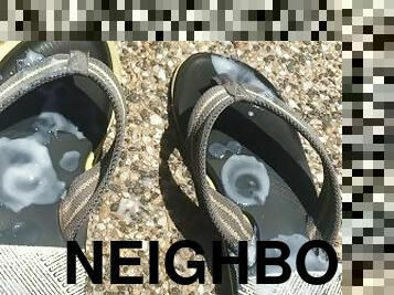 Neighbour fucking ejaculated into my flip flops! - Cum foot fetish