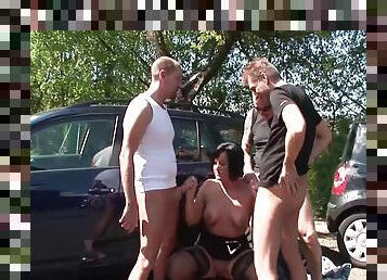Hot German Chick With An Amazing Body Gets Gangbanged Outdoors
