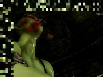 Nyotengu getting dominated by a futa orc