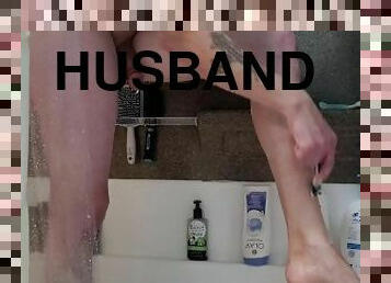 Sissy husband shaves his legs with painted nails