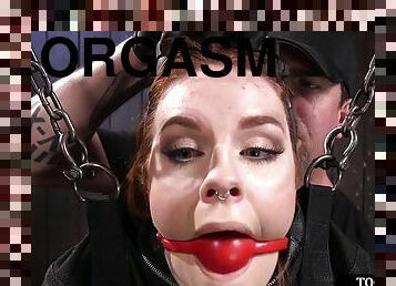 Whipped BDSM redhead with ballgagged mouth suffers orgasm