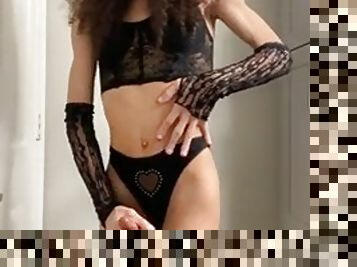 Curly haired tranny playing