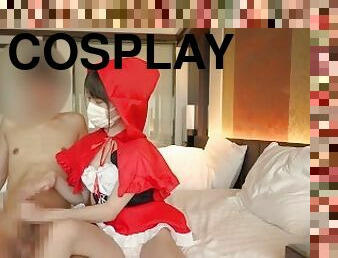 Little Red Riding Hood cosplayed girl gives a guy a hand job with showing her panties