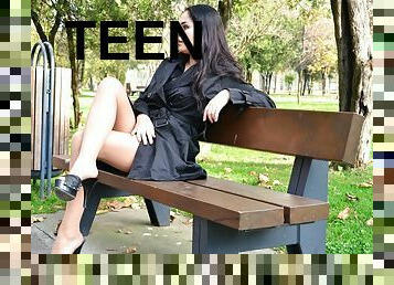Smoking-hot Diana displaying her nylon-clad feet in the park
