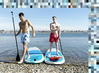 Hot guys Jay Tee and Leeroy Jones paddle board before boning